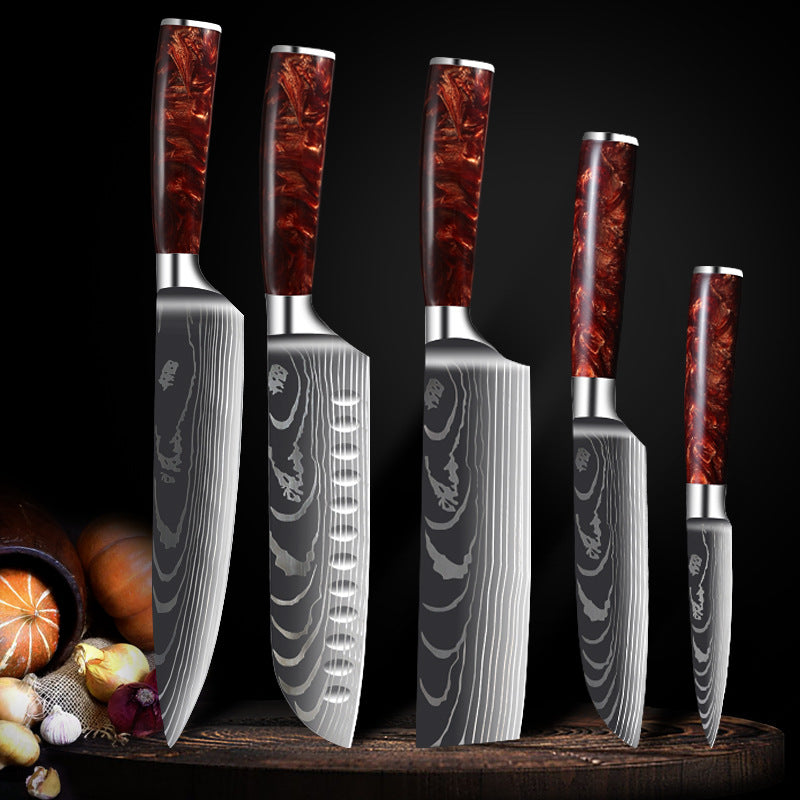 Japanese Chef Knife Set, Kitchen Knife Set with a Resin Handle 1-10 PCS Sharp Santoku Cleaver and Utility Knife in a Damascus style