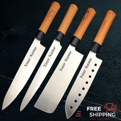 4pcs  Chef Knife Set with Unique and Elegant Brown & Purple Handle comes with Handmade Sweet Leather Roll Bag, Gift for Her