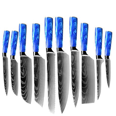 Damascus Japanese Knives with Blue Resin Wood Handle in Stunning 10-Piece Set with Damascus Pattern ,Gift for Chef