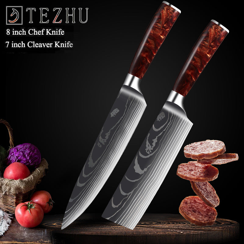 Japanese Chef Knife Set, Kitchen Knife Set with a Resin Handle 1-10 PCS Sharp Santoku Cleaver and Utility Knife in a Damascus style