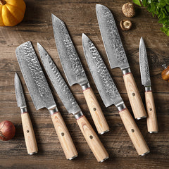 Complete 7-Piece Kitchen Knife Set with Damascus Pattern - Japanese Chef Knife Set with Smooth Wooden Handles - Ultra Sharp for Fast Cutting