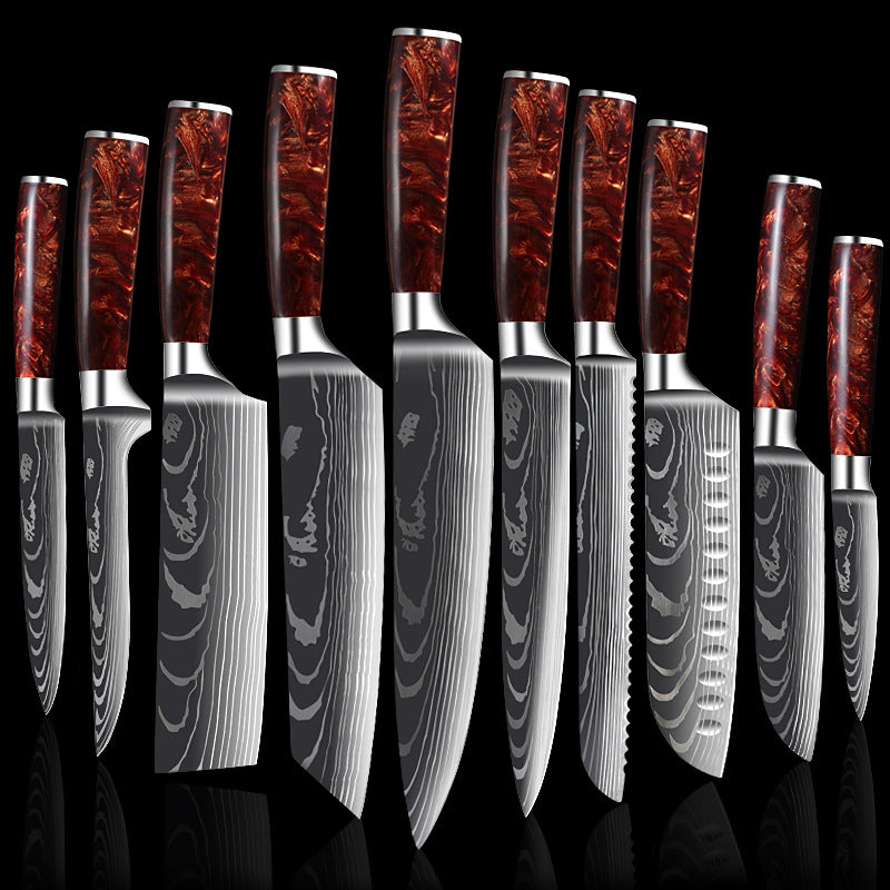 Japanese Chef Knife Set, Kitchen Knife Set with a Resin Handle 1-10 PCS Sharp Santoku Cleaver and Utility Knife in a Damascus style