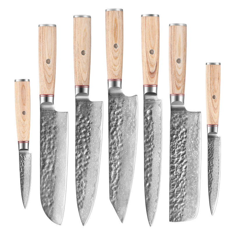 Complete 7-Piece Kitchen Knife Set with Damascus Pattern - Japanese Chef Knife Set with Smooth Wooden Handles - Ultra Sharp for Fast Cutting