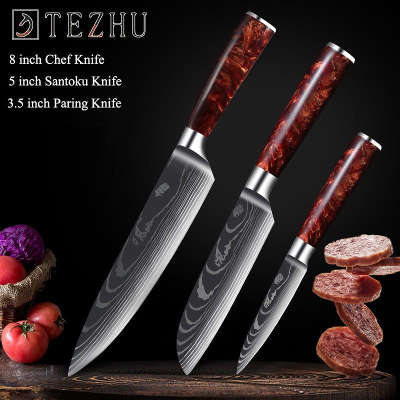 Japanese Chef Knife Set, Kitchen Knife Set with a Resin Handle 1-10 PCS Sharp Santoku Cleaver and Utility Knife in a Damascus style